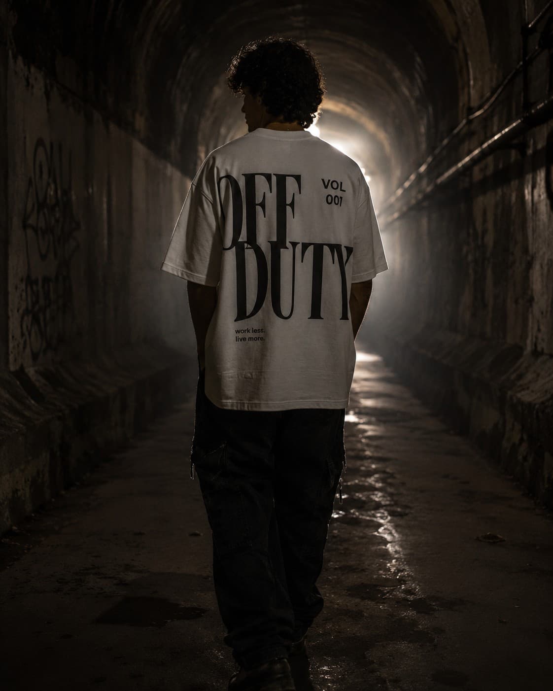 OFFDUTY Sign-Off oversized graphic tee lifestyle tunnel shot Pakistan