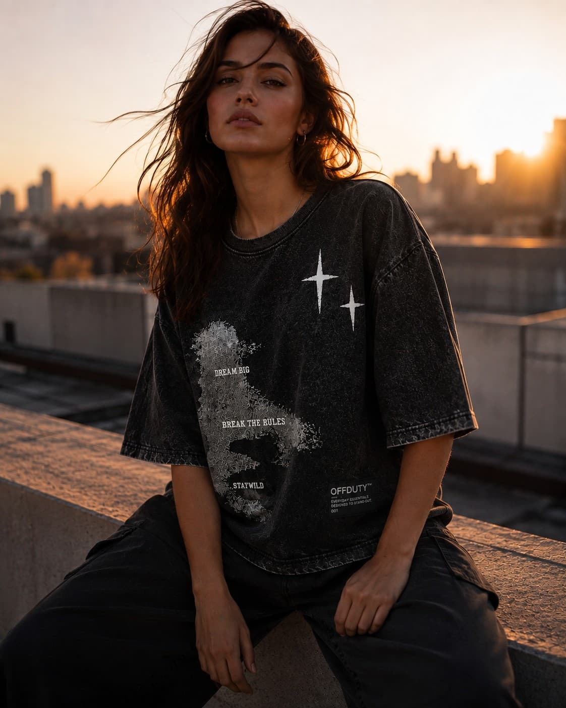 OFFDUTY Stay Wild oversized graphic tee rooftop campaign — streetwear brand Pakistan
