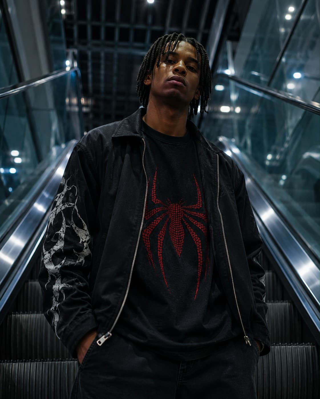 Crimson Web Tee lifestyle editorial — OFFDUTY oversized graphic tee Pakistan